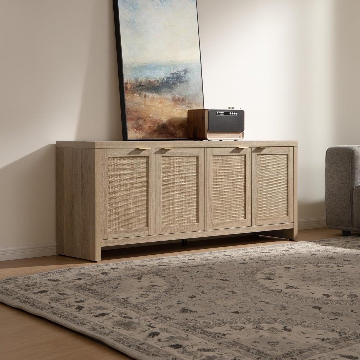 SICOTAS TV Stand for Living Room Boho Entertainment Center for Bedroom with 4 Rattan Cabinets Farmhouse Television Stands with Storage Large Media Console Table for TVs up to 45 50 55 60 65 Inch