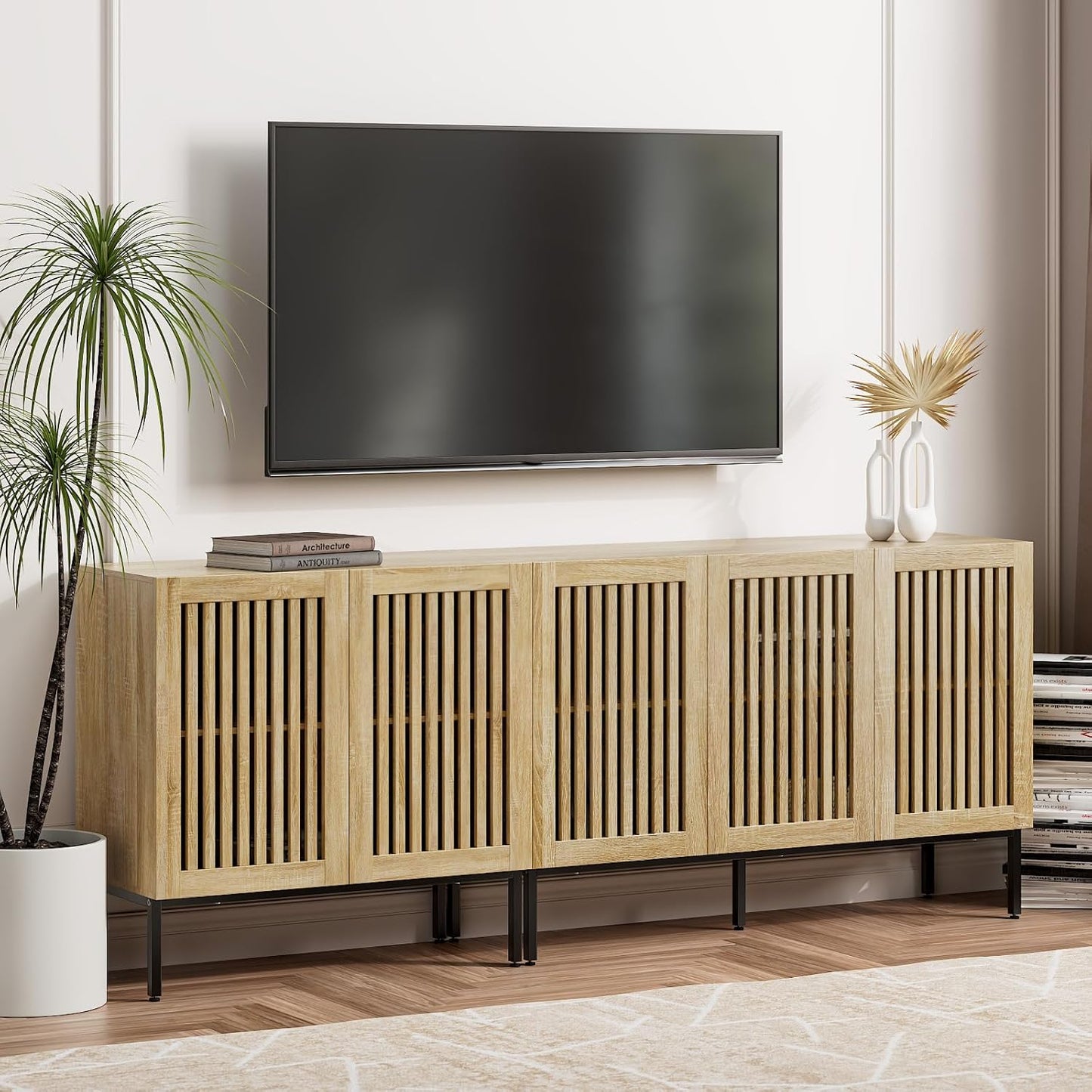 Farmhouse TV Stand for TVs up to 100 inch, 2 in 1 Entertainment Center TV Console with Storage Cabinets and Metal Base,Brown Media Console for Living Room