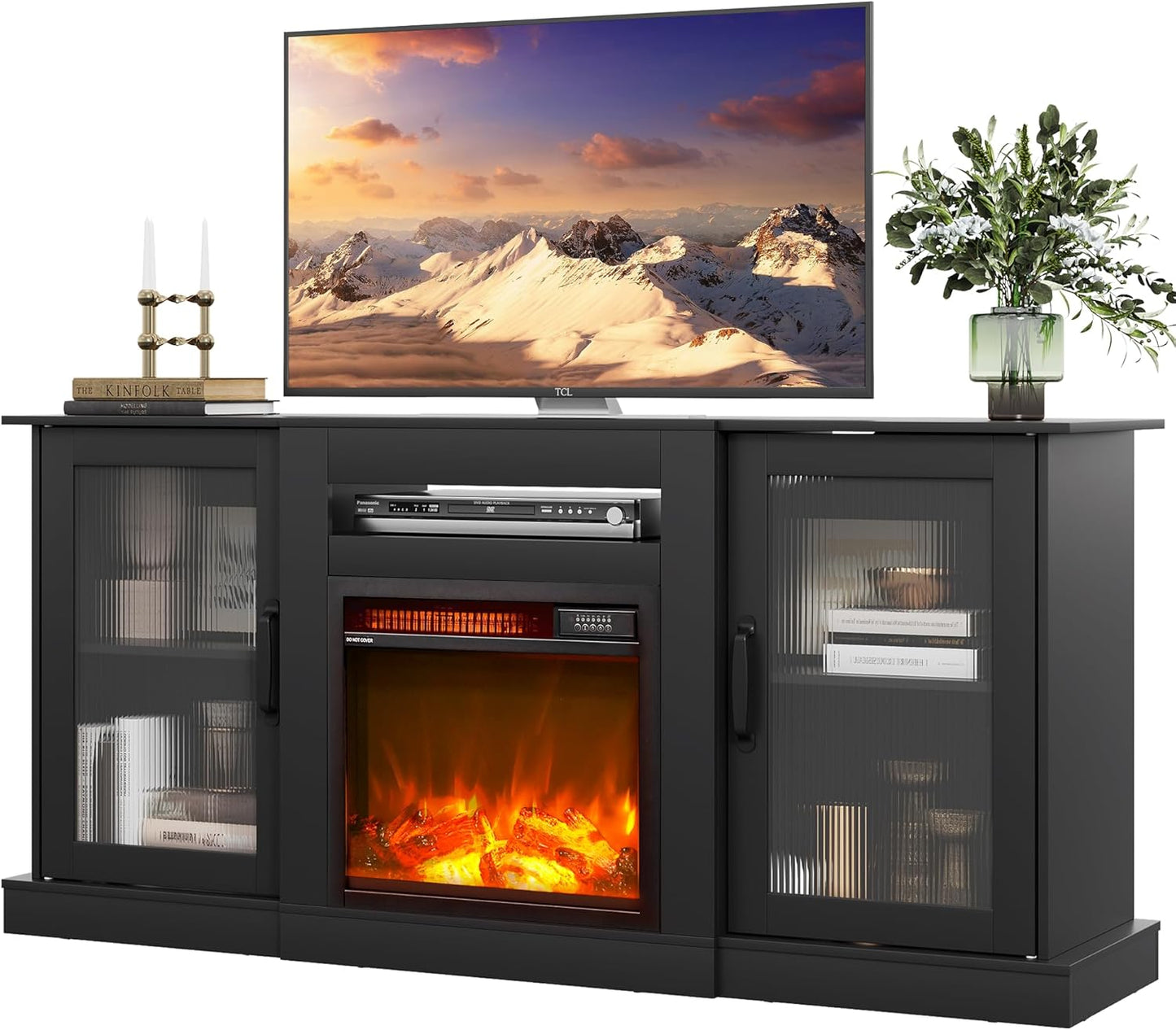 WLIVE Retro TV Stand for 65 inch TV, TV Console Cabinet with Storage, Open Shelves Entertainment Center for Living Room and Bedroom, Black