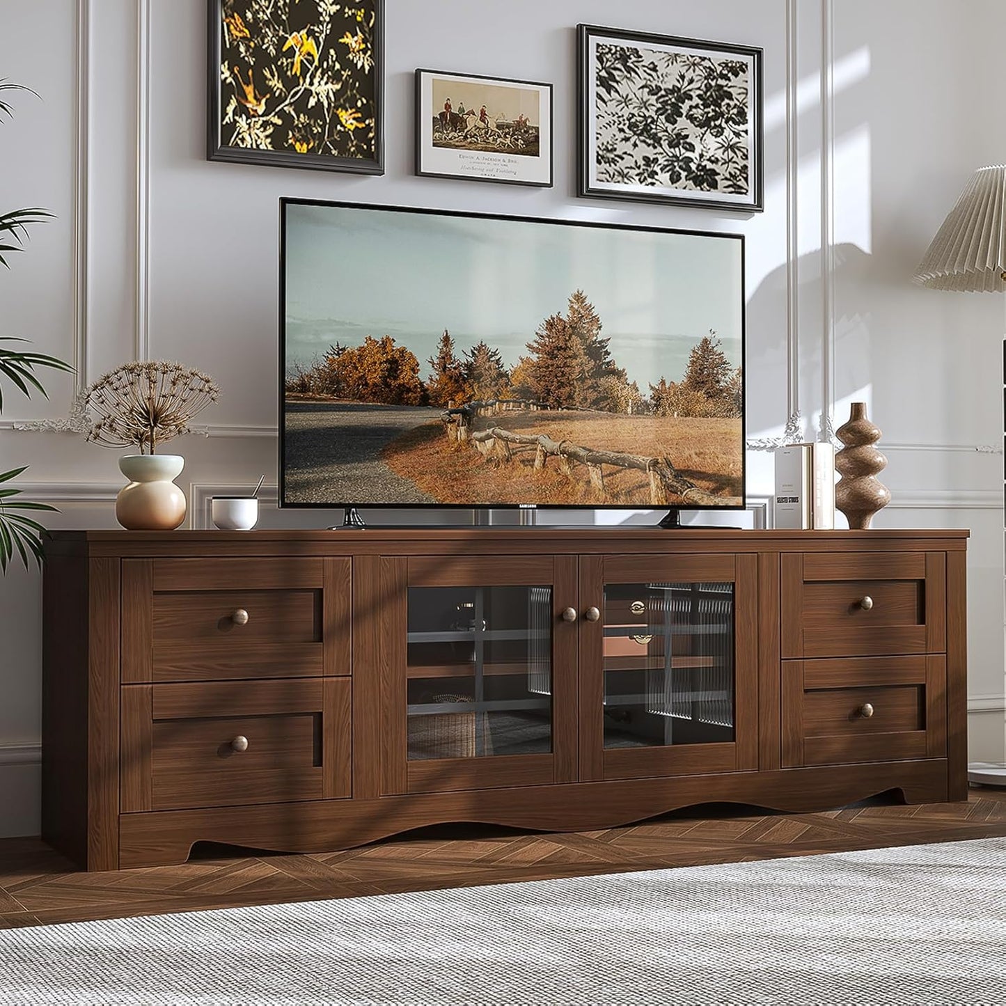 oneinmil 70" Modern TV Stands for for Living Room, Wood Entertainment Center with 4 Large Drawers, TV Console with Glass Door Storage Cabinet, TV Stand for TVs up to 75", White