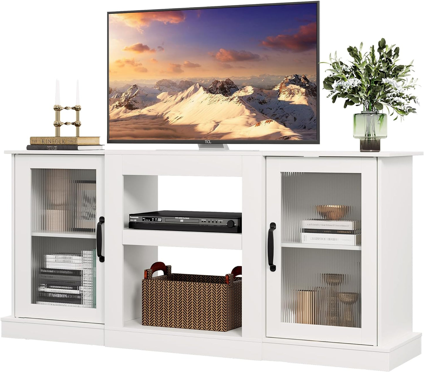 WLIVE Retro TV Stand for 65 inch TV, TV Console Cabinet with Storage, Open Shelves Entertainment Center for Living Room and Bedroom, Black