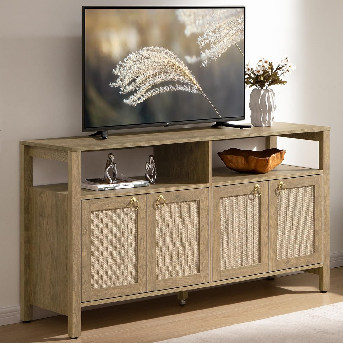 SICOTAS Rattan TV Stand for Television up to 65 Inch - 29.5" Tall Entertainment Center with Storage and Open Shelves,Boho Credenza TV Console Cabinet with 4-Doors and Adjustable Shelf for Living Room