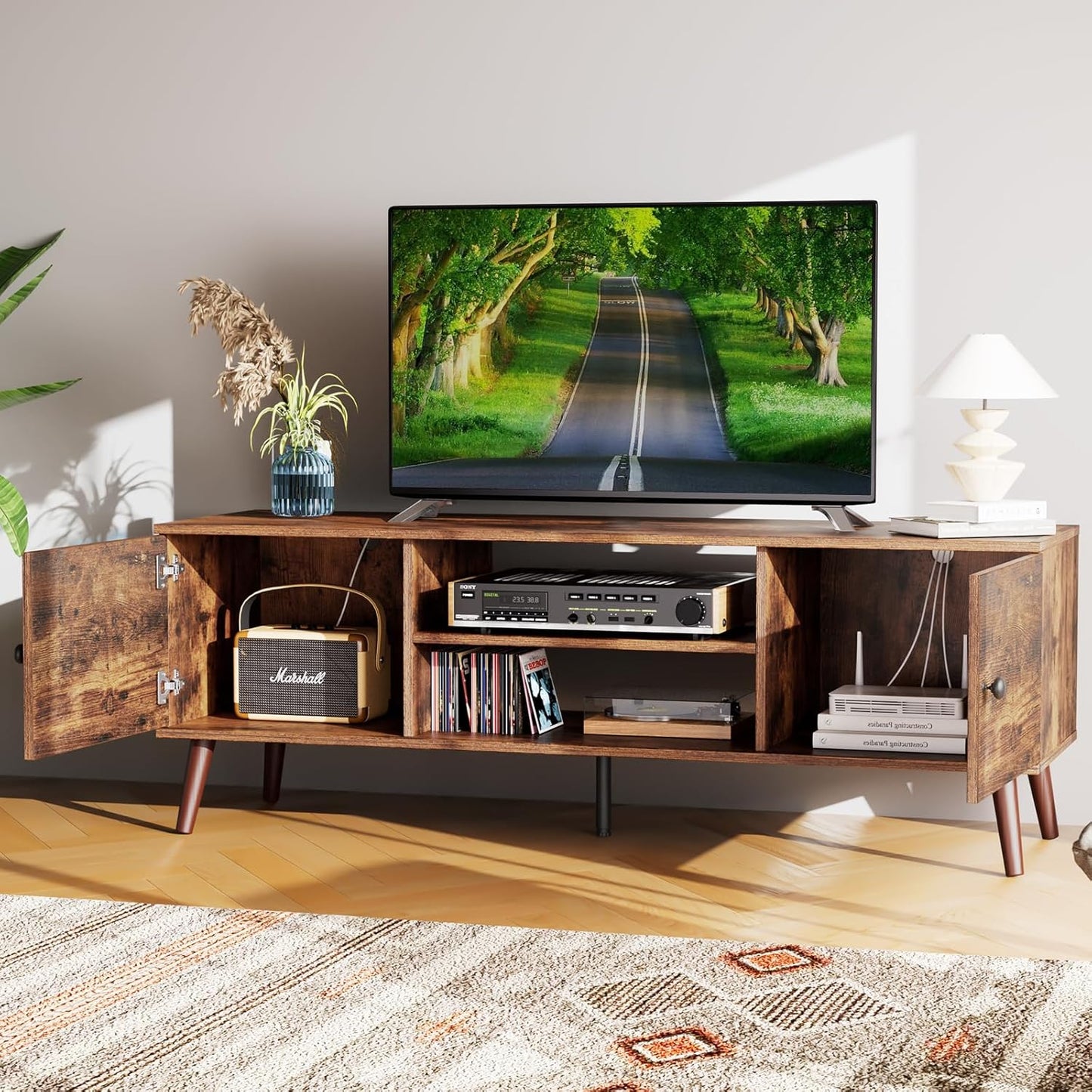 Sweetcrispy TV Stand for 55 60 inch TV, Modern Mid Century Entertainment Center with Storage, Media Console Table 2 Cabinet, Soft Hinge, Handle Door, Wooden Living Room, Office Furniture, Black