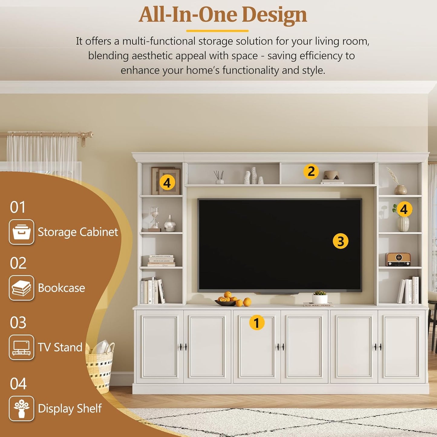SOFTSEA 4-Piece Entertainment Center Wall Unit with Bookshelves for TVs up to 70", Modern TV Stand with 6 Doors & Adjustable Shelves, Large Media Center with Display Cabinet for Living Room, White