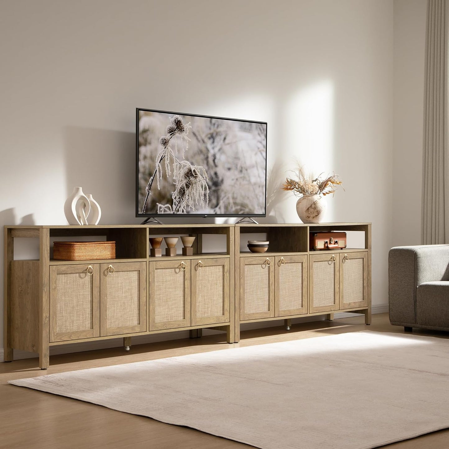 SICOTAS Rattan TV Stand for Television up to 65 Inch - 29.5" Tall Entertainment Center with Storage and Open Shelves,Boho Credenza TV Console Cabinet with 4-Doors and Adjustable Shelf for Living Room