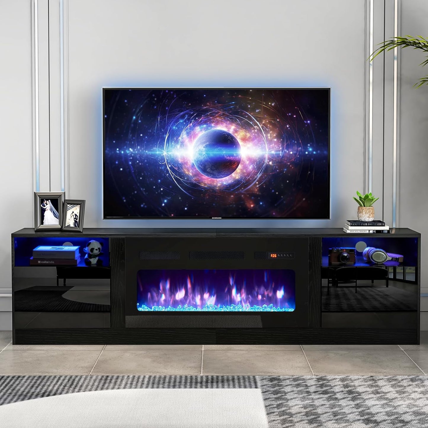 oneinmil Fireplace TV Stand with 36" Electric Fireplace, LED Light Entertainment Center, Modern Wood Texture Entertainment Stand with Highlight Storage Cabinet for TVs Up to 80", 70 inches, Black