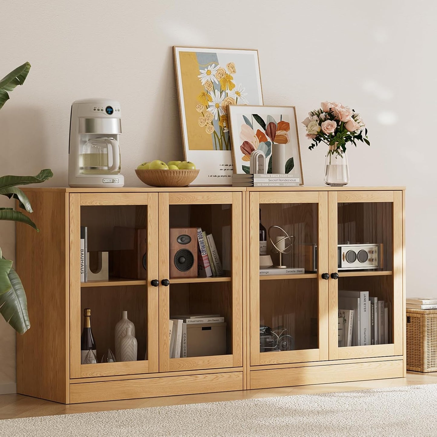 TUSY 4-Piece Large TV Stand with Bookshelves for TVs up to 75", TV Entertainment Center Media Center with Tempered Glass Doors and Shelves, TV Hutch for Living Room (Wood)