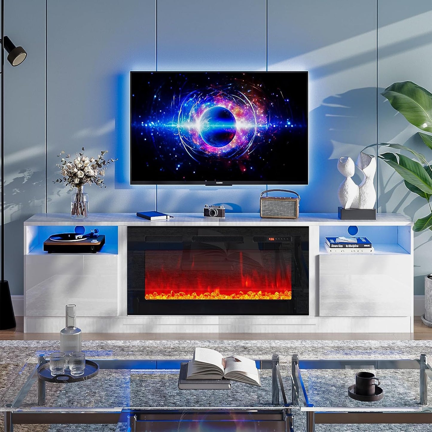 oneinmil Fireplace TV Stand with 36" Electric Fireplace, LED Light Entertainment Center, Modern Wood Texture Entertainment Stand with Highlight Storage Cabinet for TVs Up to 80", 70 inches, Black