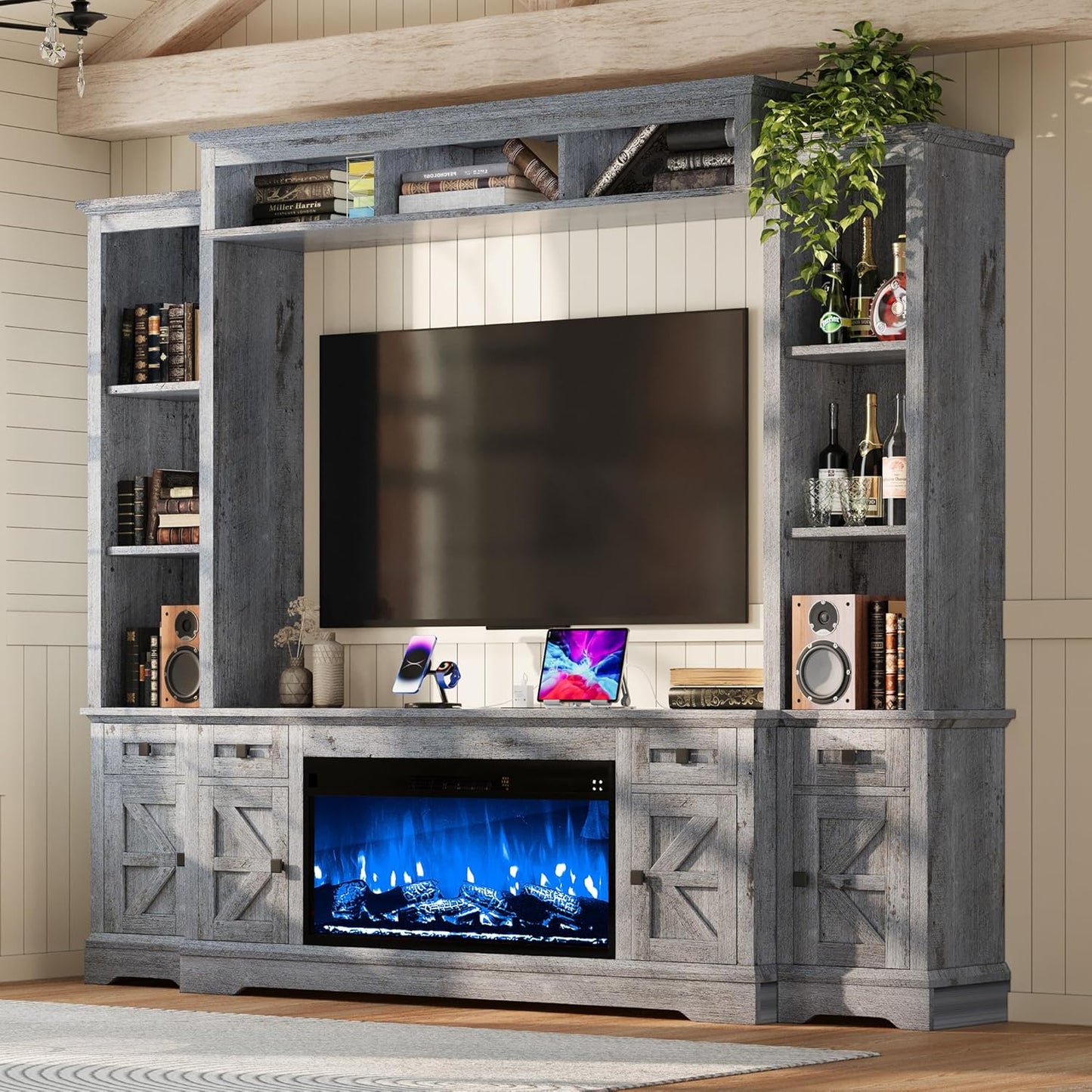 AMERLIFE 98in Farmhouse Entertainment Center with 36" Fireplace, TV Stand, Bookshelves, Wine Cabinet, Fits 75" TVs, Large Wall Unit Media Console with Power Outlets & Barn Doors, Living Room, Grey