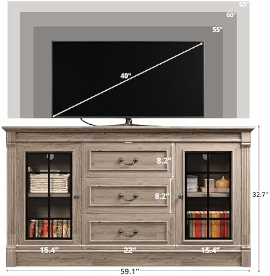 IRONCK Farmhouse TV Stand for 65 Inch TV with Outlets, 59" Entertainment Center with 3 Drawers and 2 Storage Cabinet, Glass Doors and Adjustable Shelf, Console Tables for Living Room, Light Rustic Oak