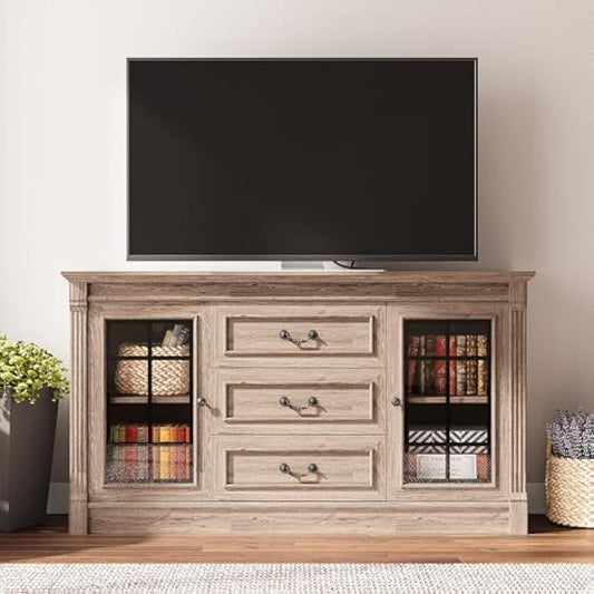 IRONCK Farmhouse TV Stand for 65 Inch TV with Outlets, 59" Entertainment Center with 3 Drawers and 2 Storage Cabinet, Glass Doors and Adjustable Shelf, Console Tables for Living Room, Light Rustic Oak