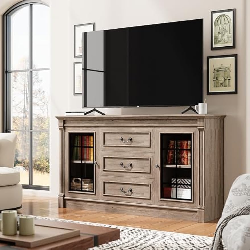 IRONCK Farmhouse TV Stand for 65 Inch TV with Outlets, 59" Entertainment Center with 3 Drawers and 2 Storage Cabinet, Glass Doors and Adjustable Shelf, Console Tables for Living Room, Light Rustic Oak