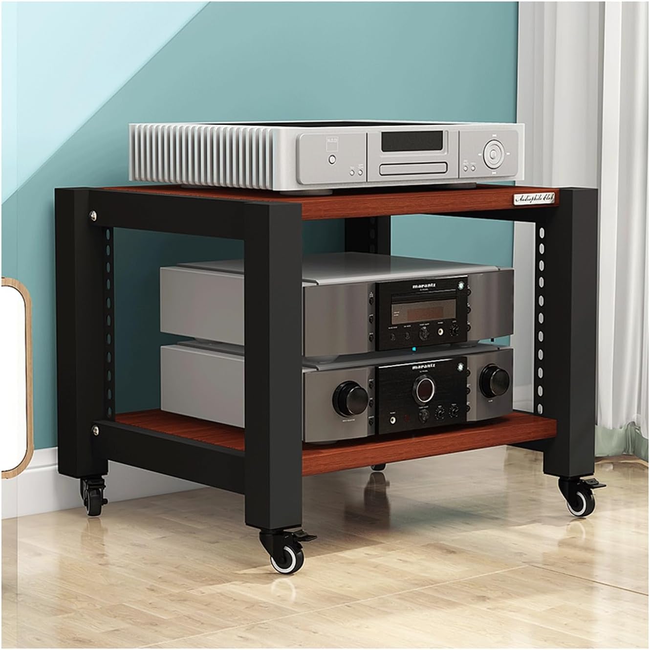 AV Media Stand with Wheels HiFi Stand Adjustable Media Storage Shelves Wooden Audio Rack Tower Stereo Cabinet for CD Player Video Game Console(Black,5 Tier)