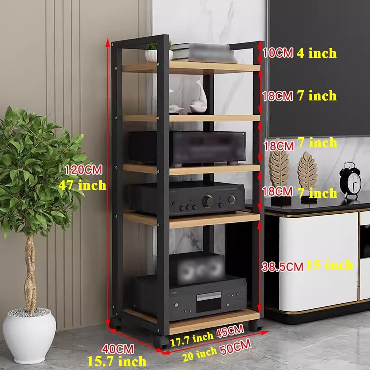 BYZOMU 120cm/47inch Tall 5 Tier Media Stand Audio/Video Component Cabinet, Stereo Component Rack Cabinet, AV Cabinet for Home Office Theater, Record Player/Turntable/Stereo Receiver Rack(Black)