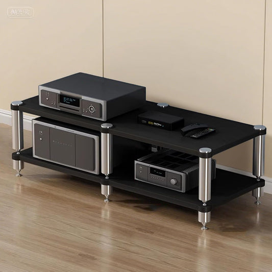 AV Media Stand, 2-Tier Extremely Long Stereo Racks and Stands with Speaker Spikes, Components Cabinet Home Theatre CD Record Player Receiver Equipment Rack (Black, 2-Tier)