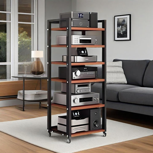 AV Media Stand, Audio Rack Stereo Cabinet, Adjustable Media Storage Shelves with Wheels, CD Player Video Audio Video Corner Shelf,for Home, Office and Theater,Brown