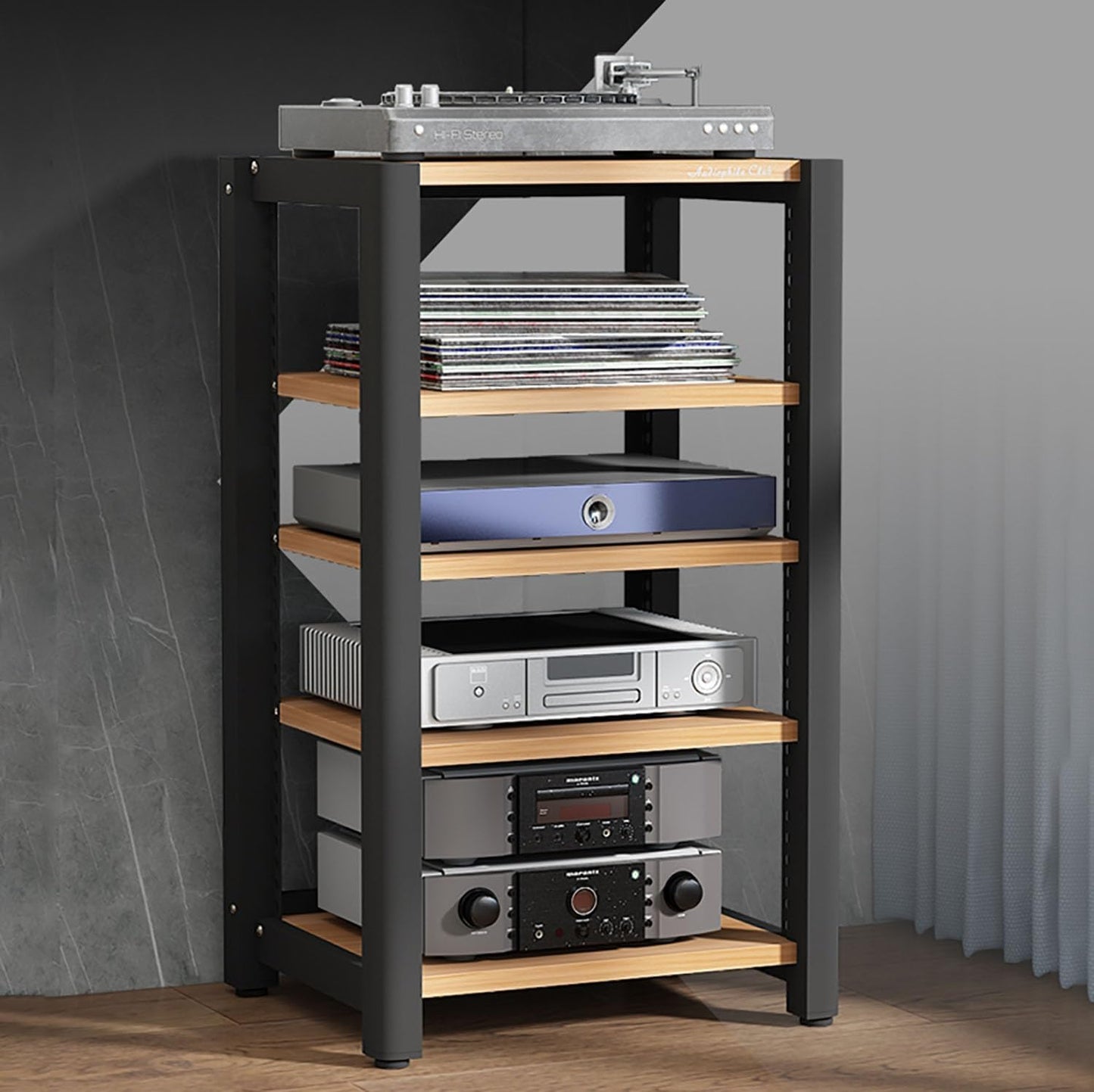 Stereo Stand Audio Rack Gaming Shelf Record Player Stand AV Media Stand Corner Shelf with Wooden Shelves CD DVD Display Cabinet for Projector PS5 DVD Player Game Console Cable Box.(Walnut,60x50x40cm)