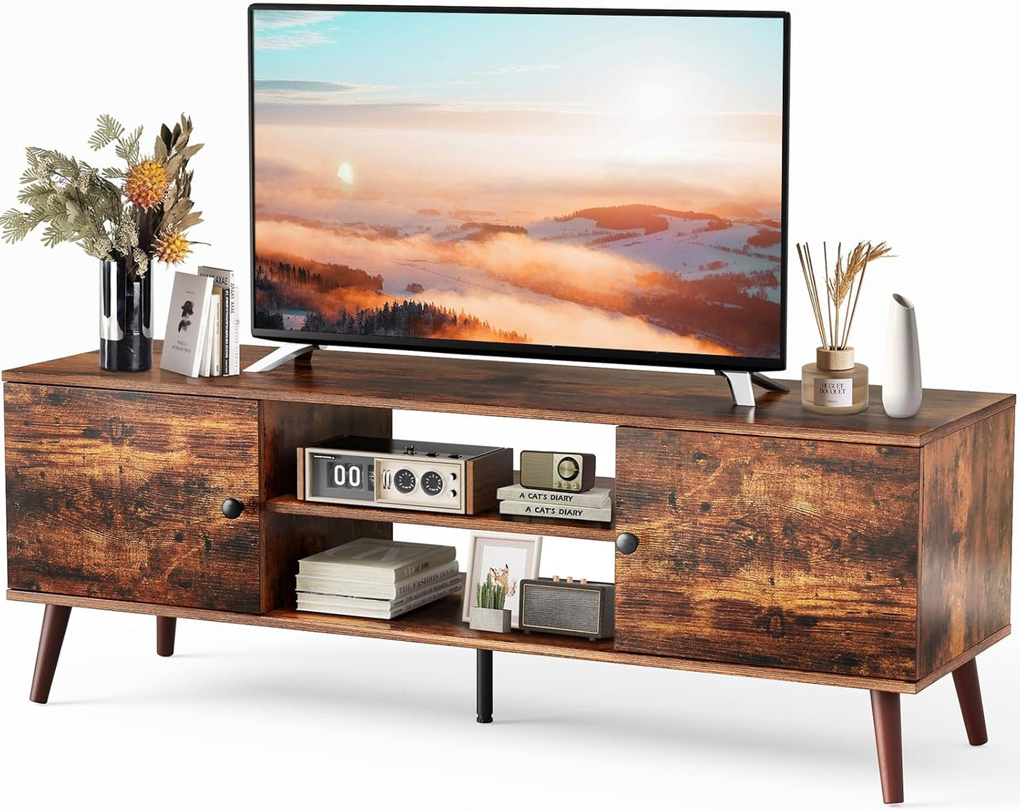 Sweetcrispy TV Stand for 55 60 inch TV, Modern Mid Century Entertainment Center with Storage, Media Console Table 2 Cabinet, Soft Hinge, Handle Door, Wooden Living Room, Office Furniture, Black