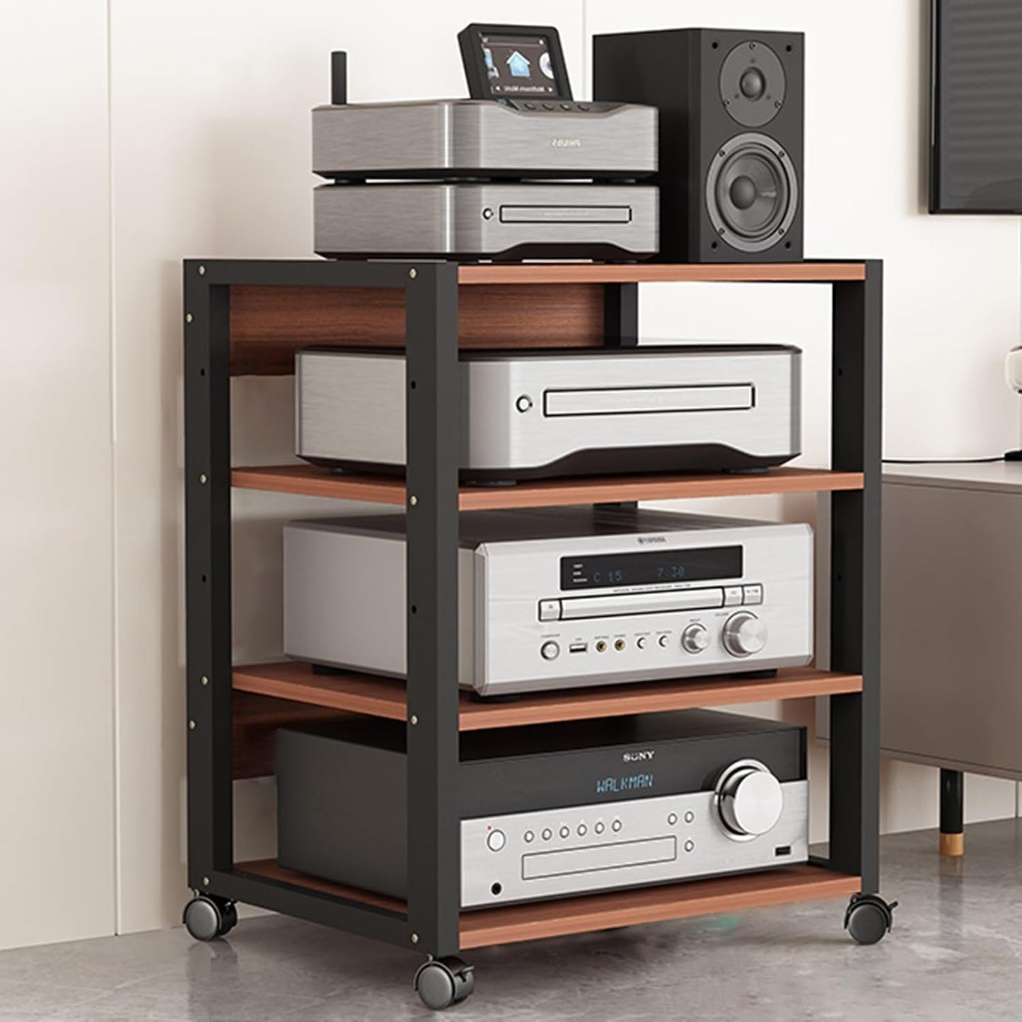 27in High Modern Record Player Stand, 4/3 Tier Mobile Audio AV Media Shelf Vertical Storage Cabinet for Office Home Classroom, Stereo Equipment Rack Adjustable(Light Wood,4 Tier)