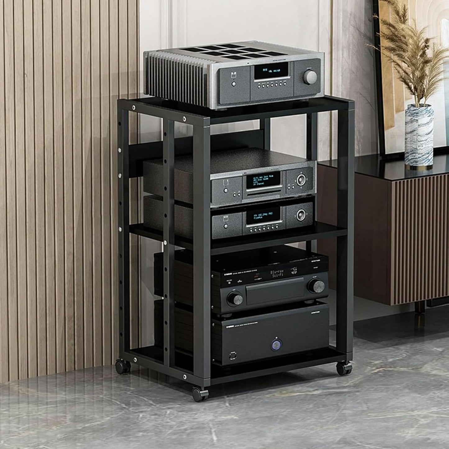 3-Tier Movable Media Stand Audio/Video Rack CD Player Stand Stereo Component Storage Cabinet with Height Adjustable Wooden Shelf for Home/Office/Theater
