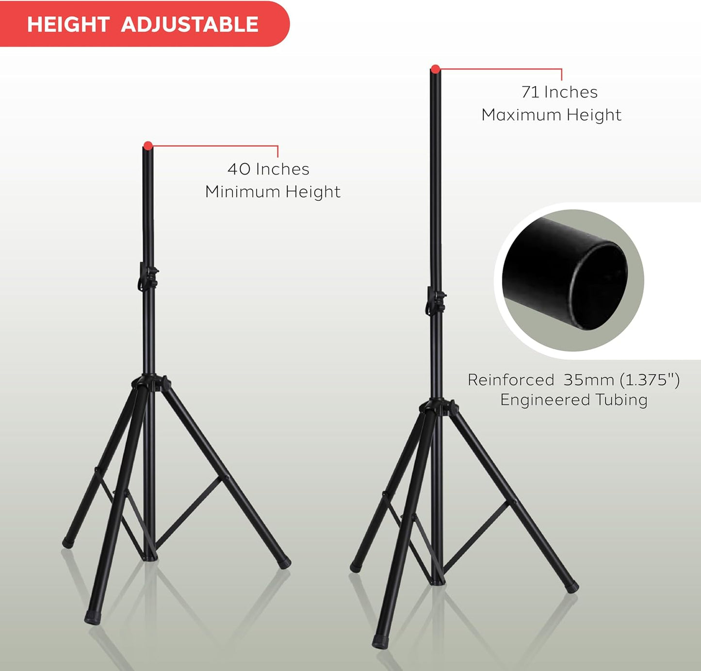 Pyle Universal Speaker Stand Mount Holder Heavy Duty Tripod w/ Adjustable Height from 40” to 71” and 35mm Compatible Insert Easy Mobility Safety Pin and Knob Tension Locking for Stability, Black