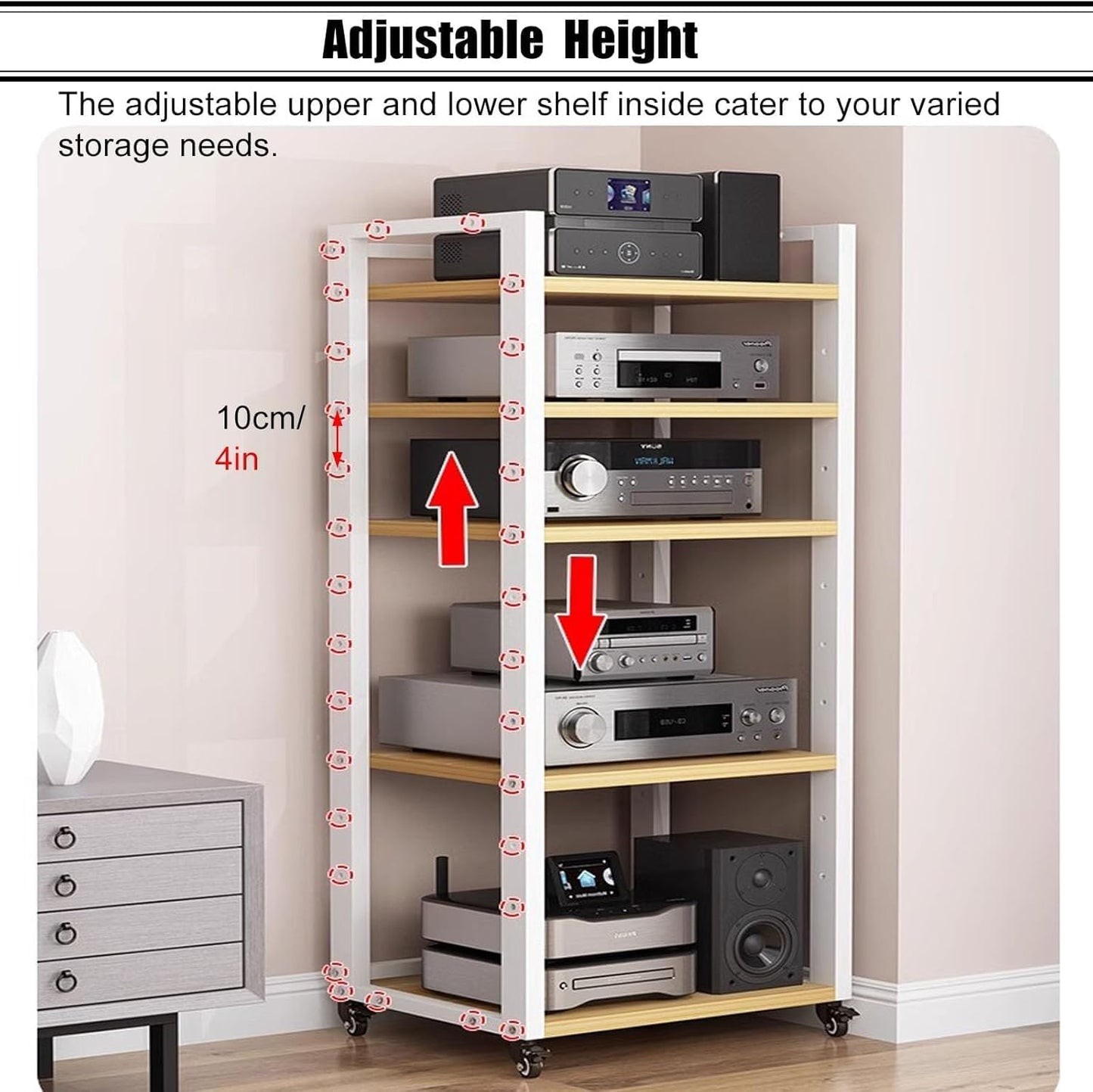AV Media Stand, Audio Rack Stereo Cabinet, Adjustable Media Storage Shelves with Wheels, CD Player Video Audio Video Corner Shelf,for Home, Office and Theater,Brown
