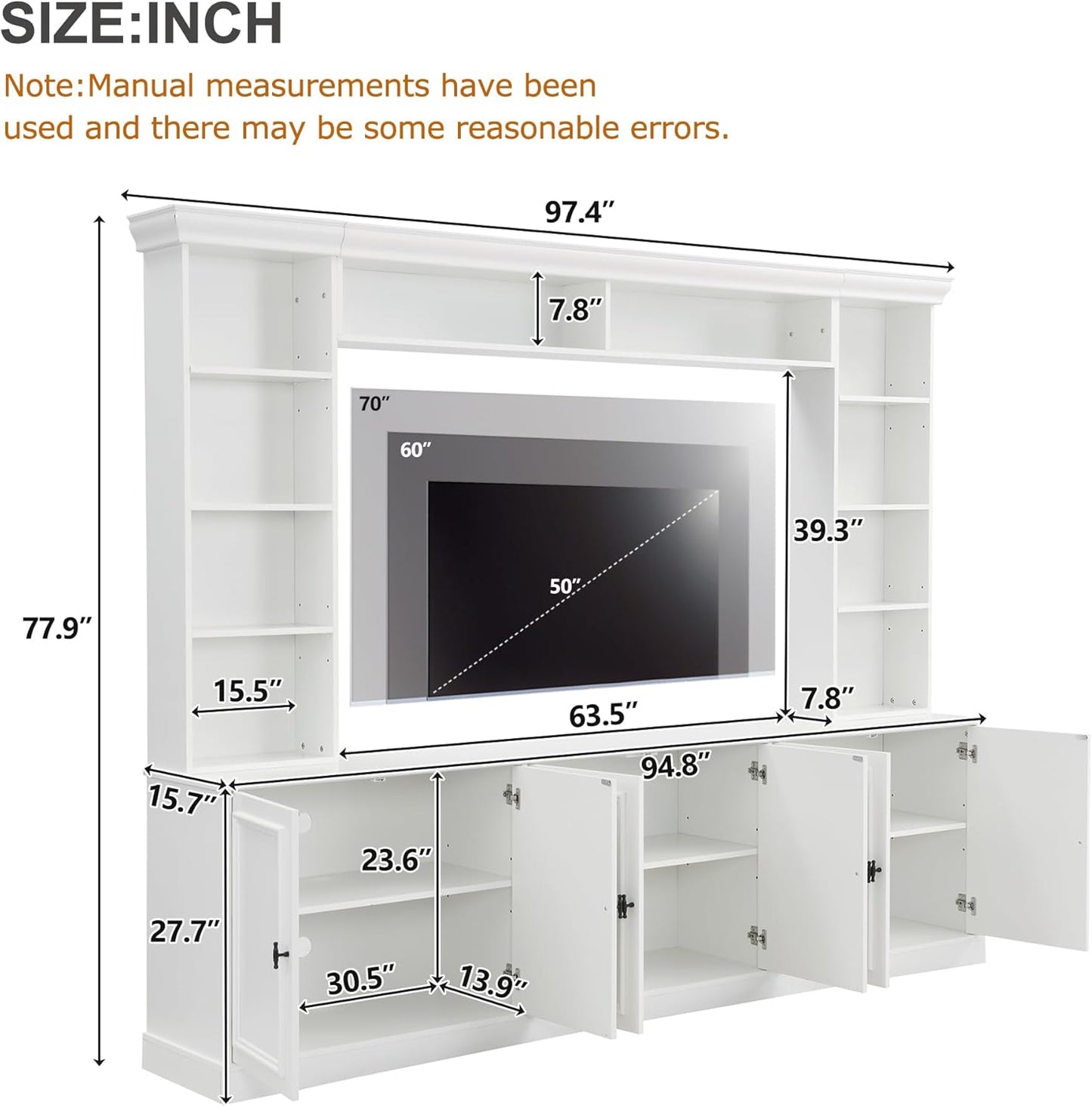 SOFTSEA 4-Piece Entertainment Center Wall Unit with Bookshelves for TVs up to 70", Modern TV Stand with 6 Doors & Adjustable Shelves, Large Media Center with Display Cabinet for Living Room, White