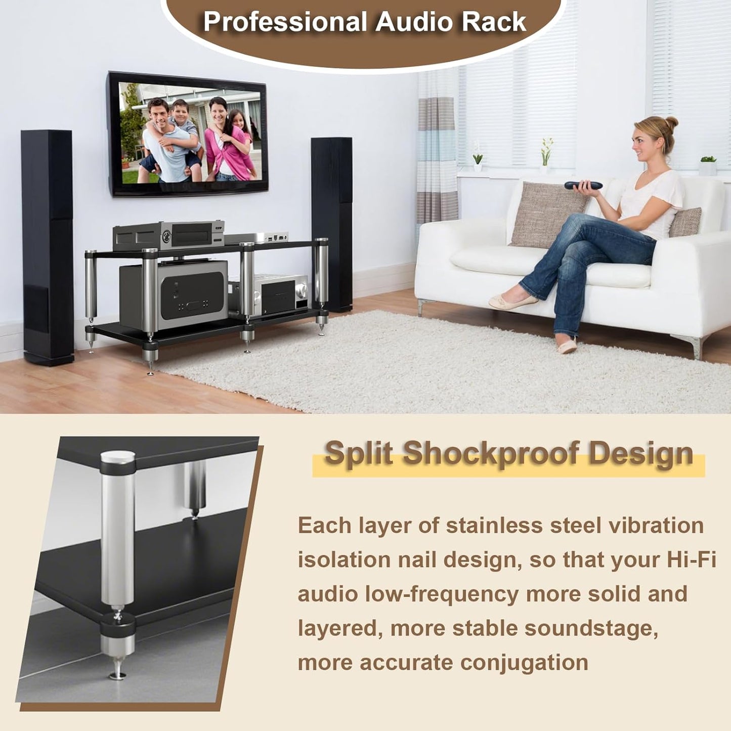 AV Media Stand, 2-Tier Extremely Long Stereo Racks and Stands with Speaker Spikes, Components Cabinet Home Theatre CD Record Player Receiver Equipment Rack (Black, 2-Tier)