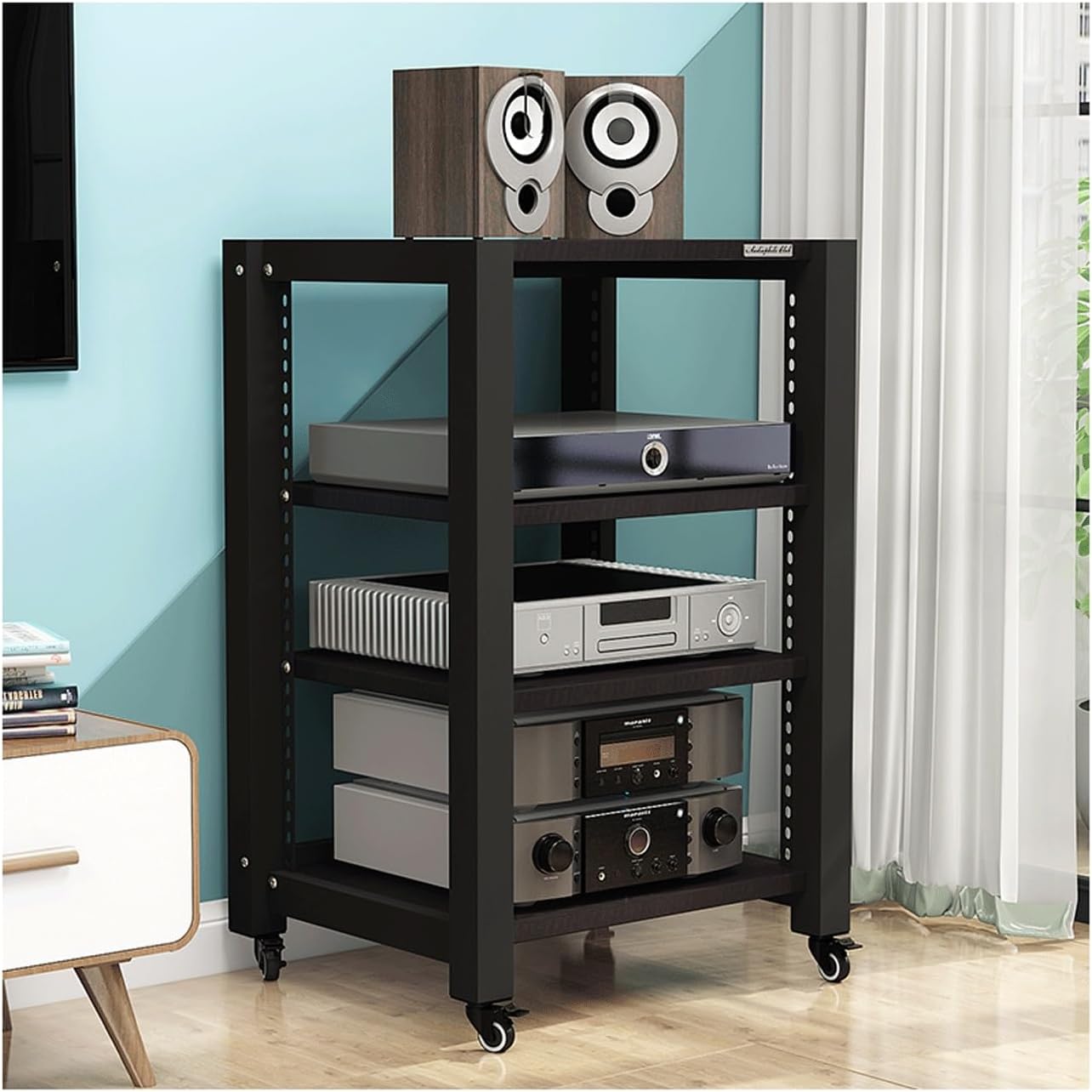 AV Media Stand with Wheels HiFi Stand Adjustable Media Storage Shelves Wooden Audio Rack Tower Stereo Cabinet for CD Player Video Game Console(Black,5 Tier)