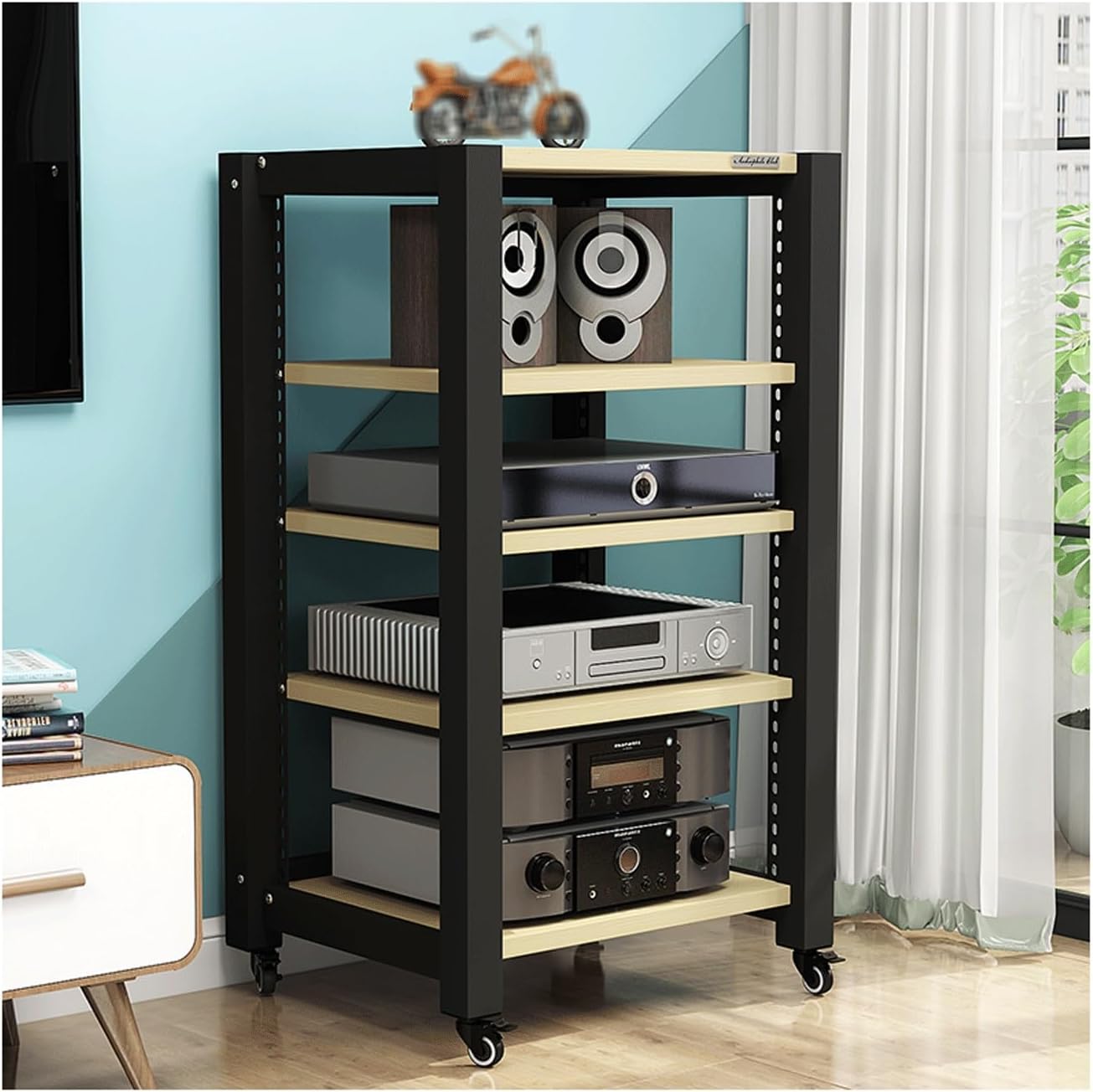 AV Media Stand with Wheels HiFi Stand Adjustable Media Storage Shelves Wooden Audio Rack Tower Stereo Cabinet for CD Player Video Game Console(Black,5 Tier)