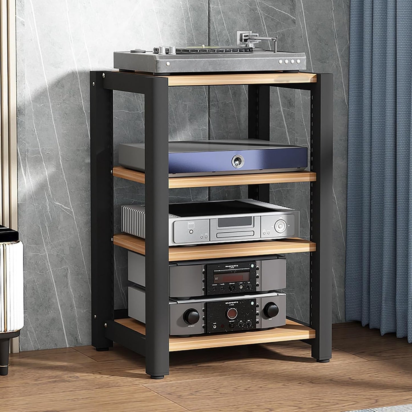 Stereo Stand Audio Rack Gaming Shelf Record Player Stand AV Media Stand Corner Shelf with Wooden Shelves CD DVD Display Cabinet for Projector PS5 DVD Player Game Console Cable Box.(Walnut,60x50x40cm)