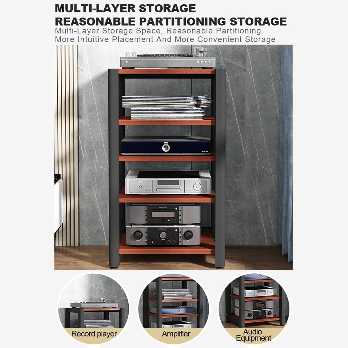 Stereo Stand Audio Rack Gaming Shelf Record Player Stand AV Media Stand Corner Shelf with Wooden Shelves CD DVD Display Cabinet for Projector PS5 DVD Player Game Console Cable Box.(Walnut,60x50x40cm)