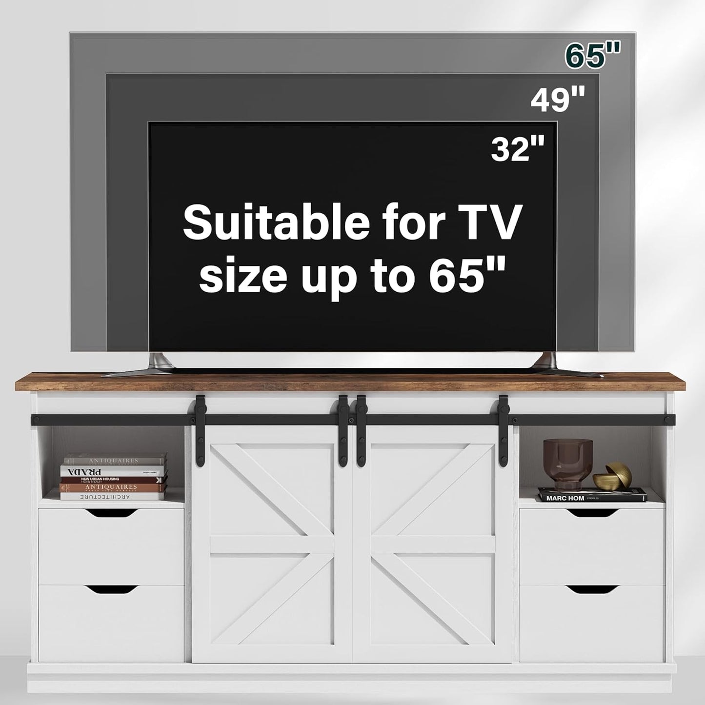 JUMMICO TV Stand with 4 Drawers for 65 Inch TV, Entertainment Center with Storage Cabinets and Sliding Barn Doors, Mid Century Modern Media TV Console Table for Living Room Bedroom (Bright White)