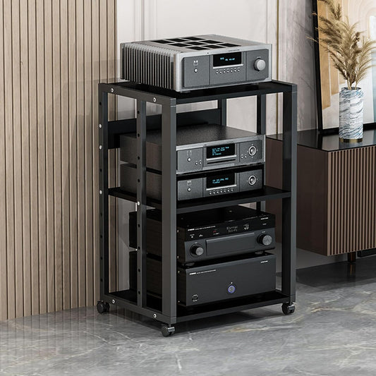 3-Tier Movable Media Stand Audio/Video Rack CD Player Stand Stereo Component Storage Cabinet with Height Adjustable Wooden Shelf for Home/Office/Theat(Black-One Size)