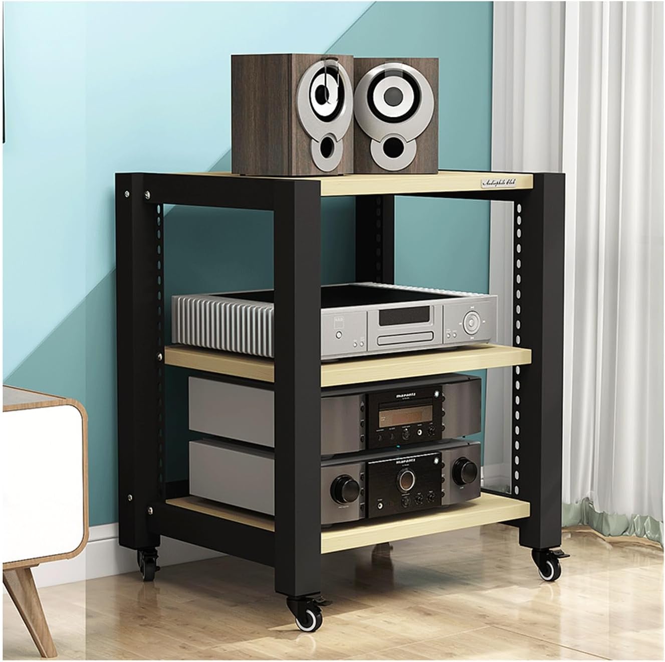 AV Media Stand with Wheels HiFi Stand Adjustable Media Storage Shelves Wooden Audio Rack Tower Stereo Cabinet for CD Player Video Game Console(Black,5 Tier)