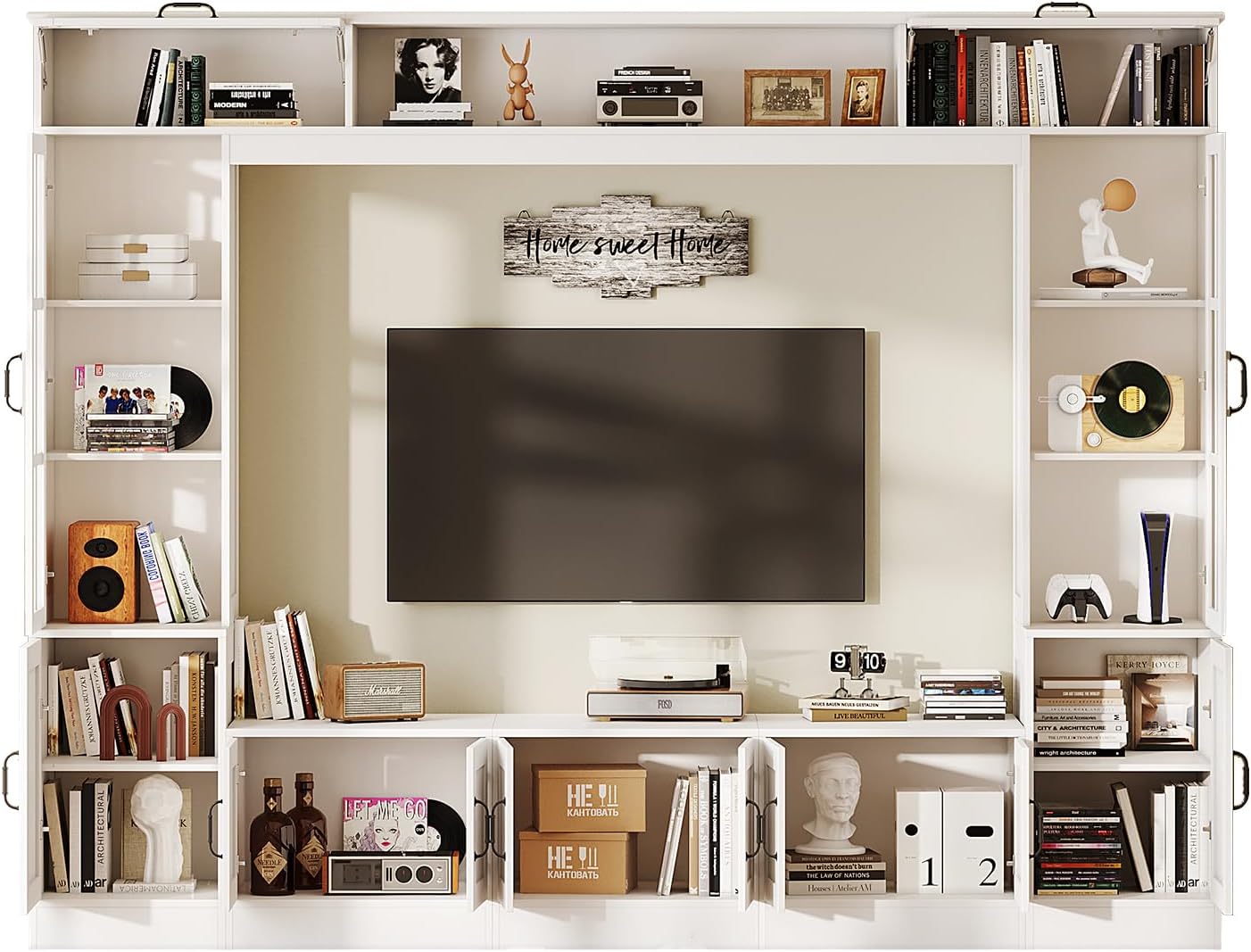 AMERLIFE 98" W Wall Unit TV Stand with Storage for TVs up to 80", Modern TV Console with LED Lights, Entertainment Center with Bookshelves for Living Room, White