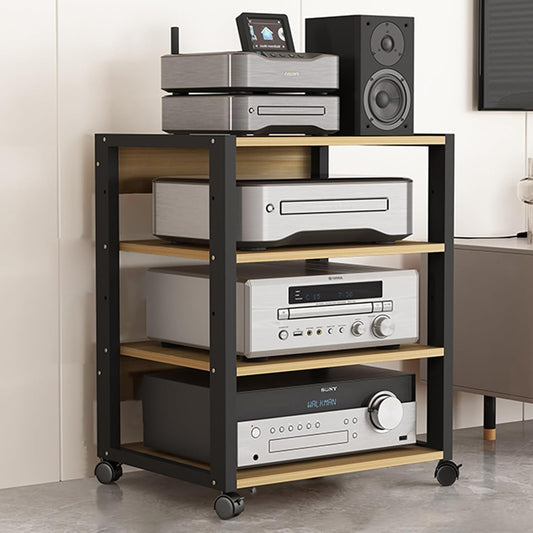 27in High Modern Record Player Stand, 4/3 Tier Mobile Audio AV Media Shelf Vertical Storage Cabinet for Office Home Classroom, Stereo Equipment Rack Adjustable(Light Wood,4 Tier)