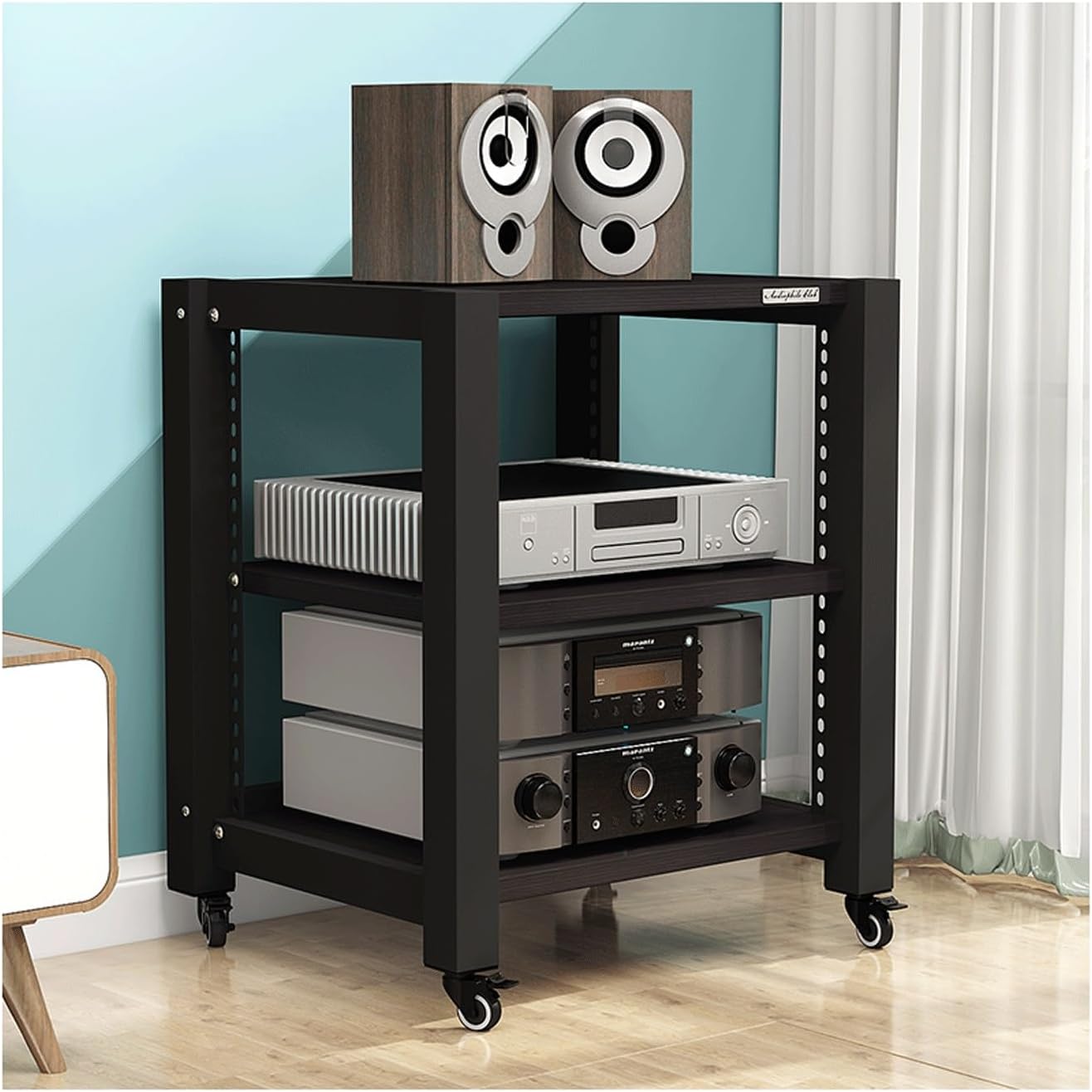 AV Media Stand with Wheels HiFi Stand Adjustable Media Storage Shelves Wooden Audio Rack Tower Stereo Cabinet for CD Player Video Game Console(Black,5 Tier)