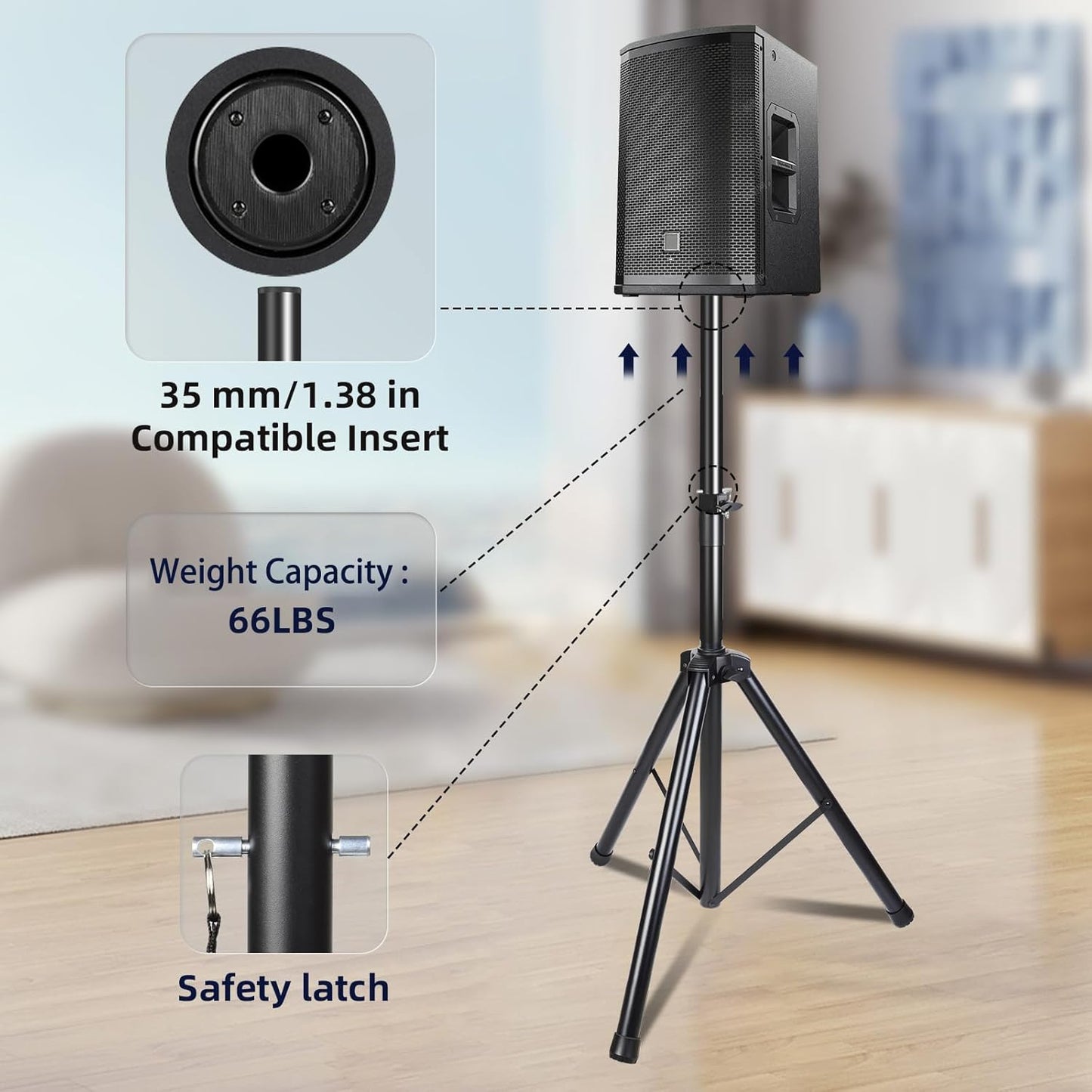Speaker Stands Pair, Universal Speaker Tripod Stand Adjustable Height from 35 to 63 Inch Heavy Duty with 35 MM Compatible Insert for Stage