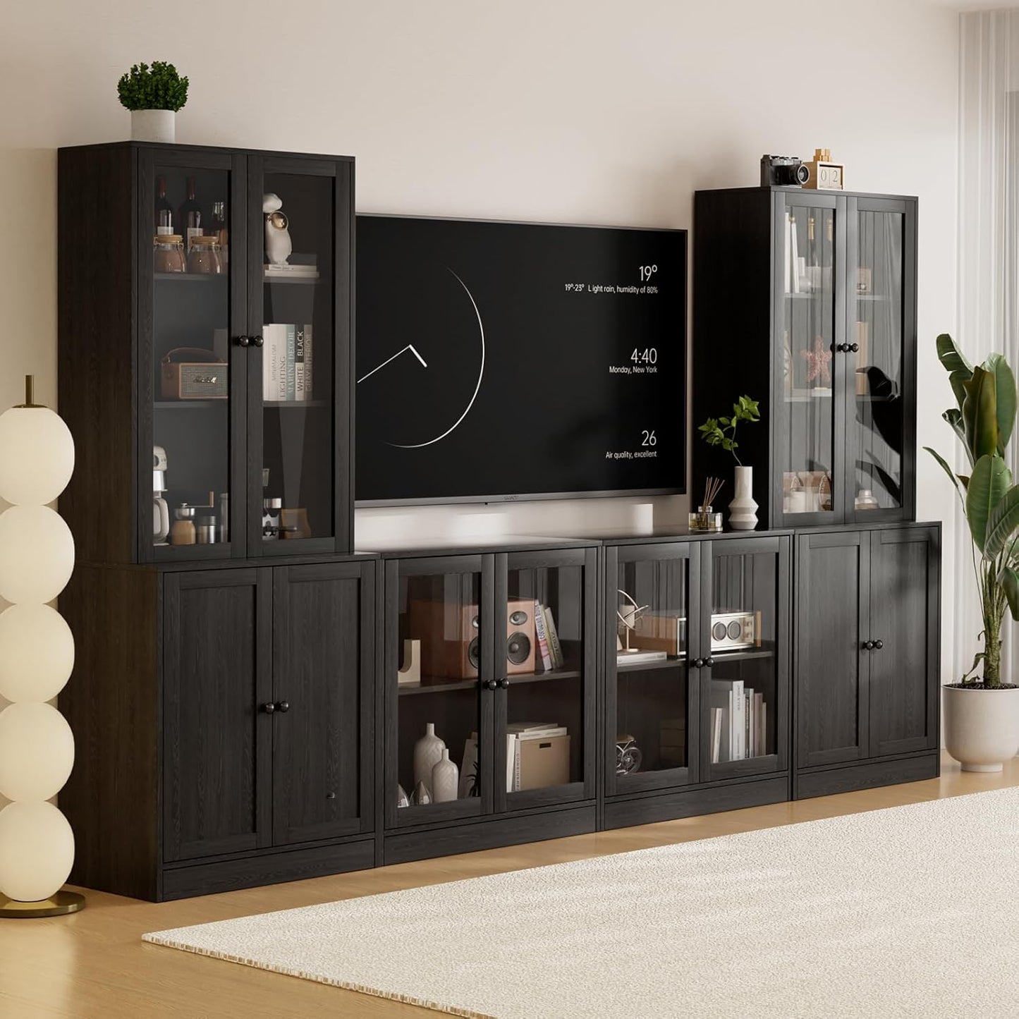 TUSY 4-Piece Large TV Stand with Bookshelves for TVs up to 75", TV Entertainment Center Media Center with Tempered Glass Doors and Shelves, TV Hutch for Living Room (Wood)