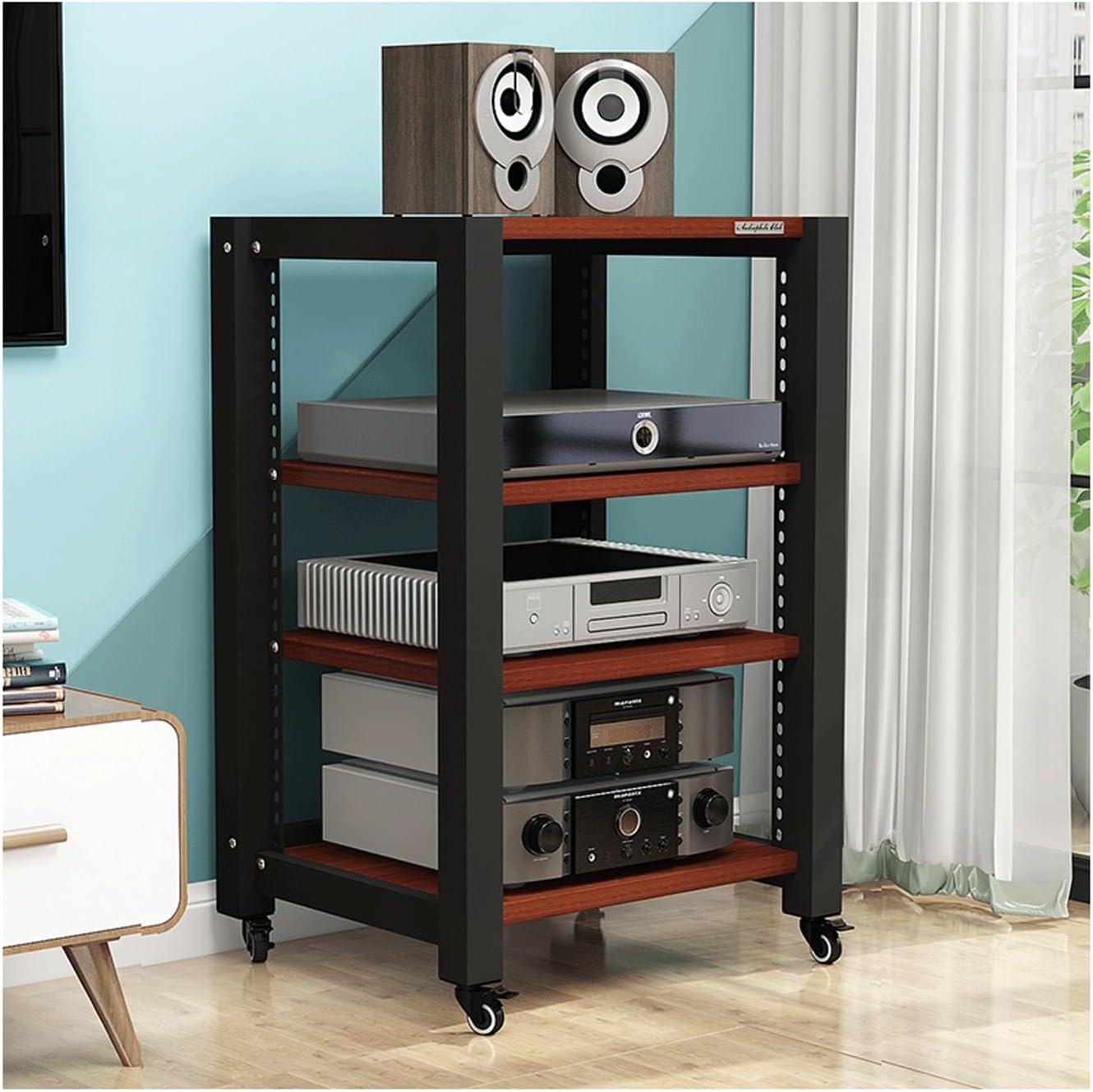 AV Media Stand with Wheels HiFi Stand Adjustable Media Storage Shelves Wooden Audio Rack Tower Stereo Cabinet for CD Player Video Game Console(Black,5 Tier)