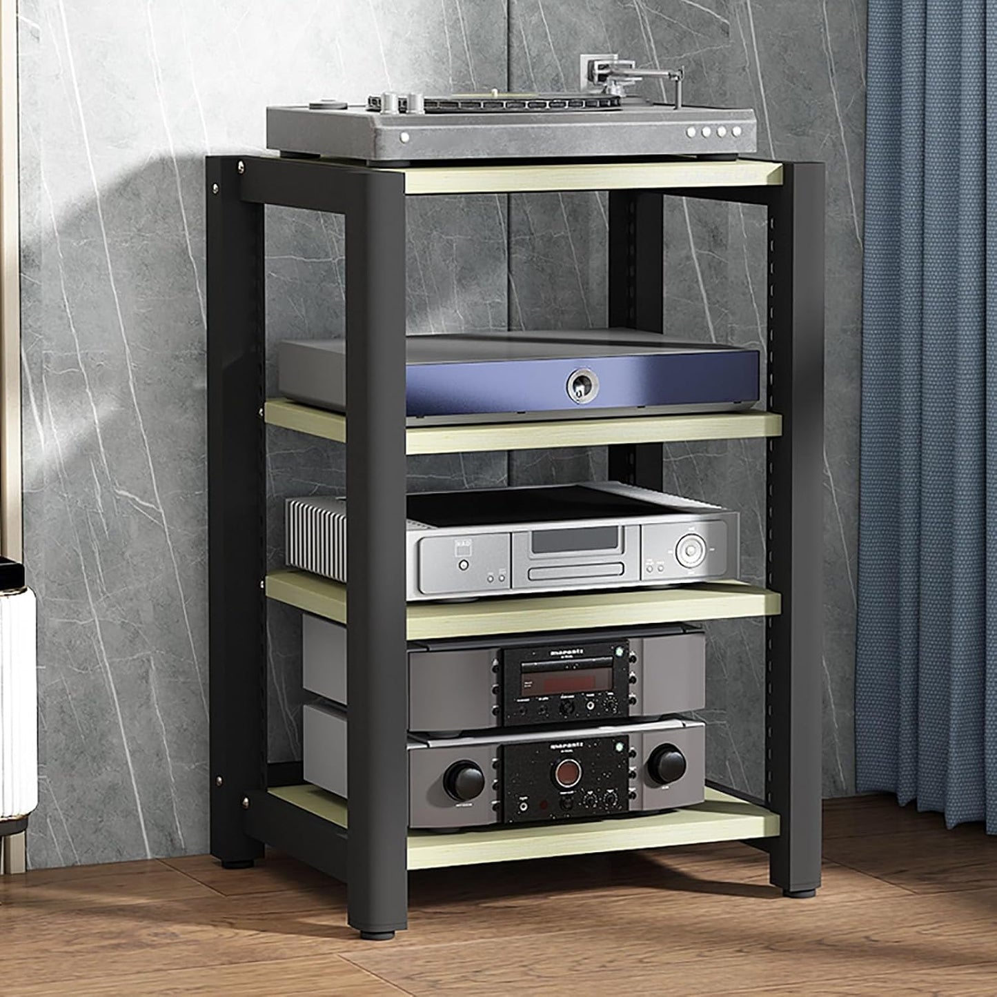 Stereo Stand Audio Rack Gaming Shelf Record Player Stand AV Media Stand Corner Shelf with Wooden Shelves CD DVD Display Cabinet for Projector PS5 DVD Player Game Console Cable Box.(Walnut,60x50x40cm)