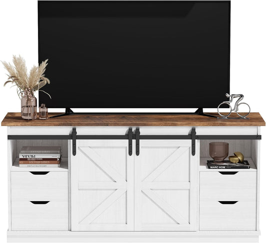 JUMMICO TV Stand with 4 Drawers for 65 Inch TV, Entertainment Center with Storage Cabinets and Sliding Barn Doors, Mid Century Modern Media TV Console Table for Living Room Bedroom (Bright White)