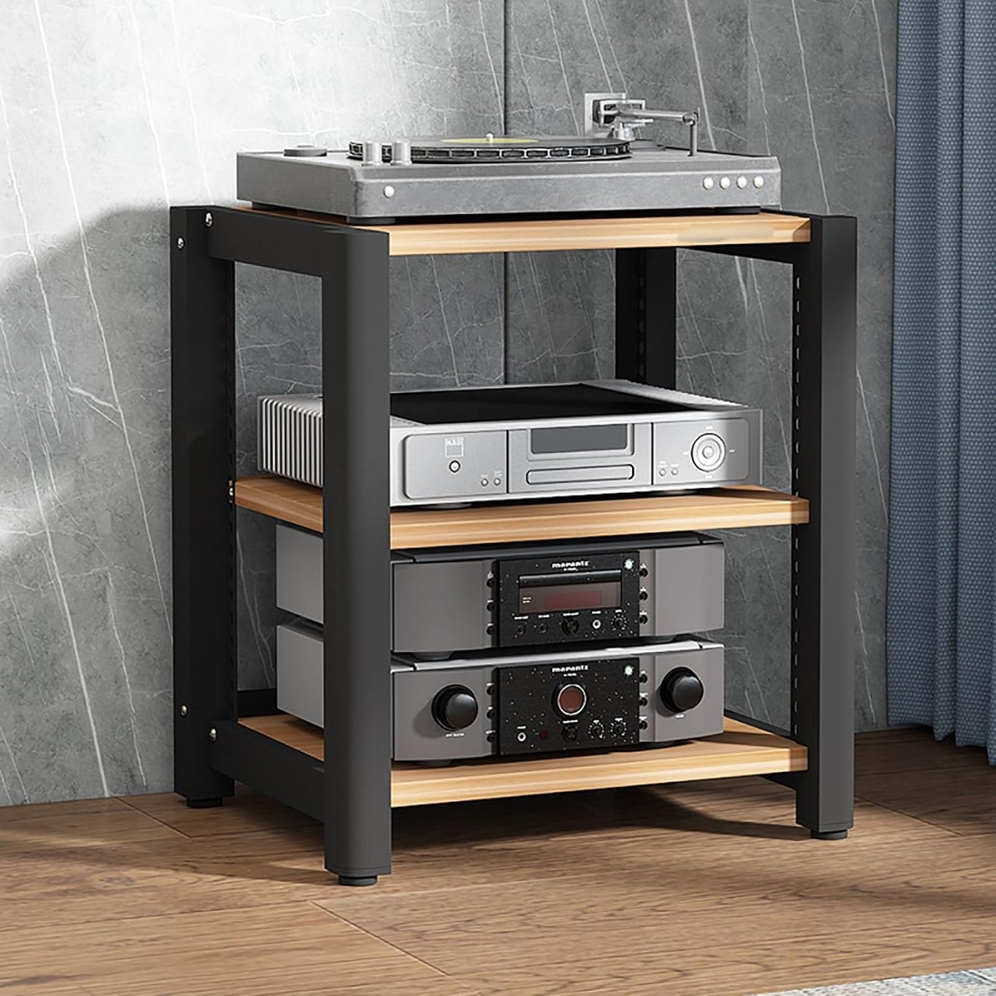 Stereo Stand Audio Rack Gaming Shelf Record Player Stand AV Media Stand Corner Shelf with Wooden Shelves CD DVD Display Cabinet for Projector PS5 DVD Player Game Console Cable Box.(Walnut,60x50x40cm)