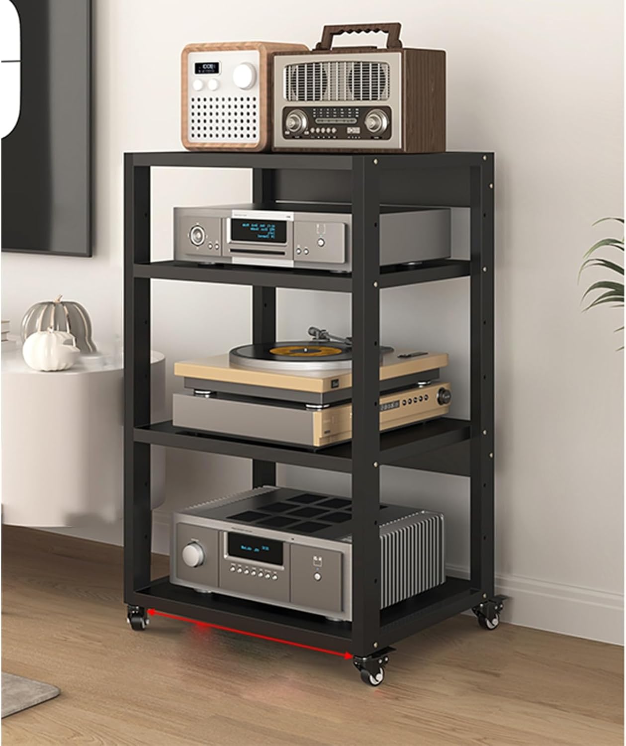 Stereo Stand Record Player Stand with Vinyl Storage Modern with Wheels Audio-Video Media Stand 5-Tier Shelves Audio Video Record Player Stand Cabinet Router DVD Shelf Corner TV Entertainment Center(55