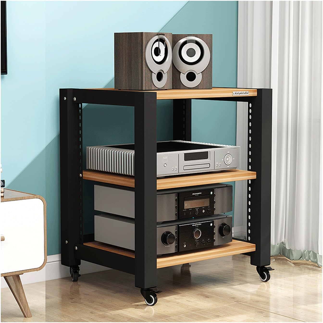 AV Media Stand with Wheels HiFi Stand Adjustable Media Storage Shelves Wooden Audio Rack Tower Stereo Cabinet for CD Player Video Game Console(Black,5 Tier)