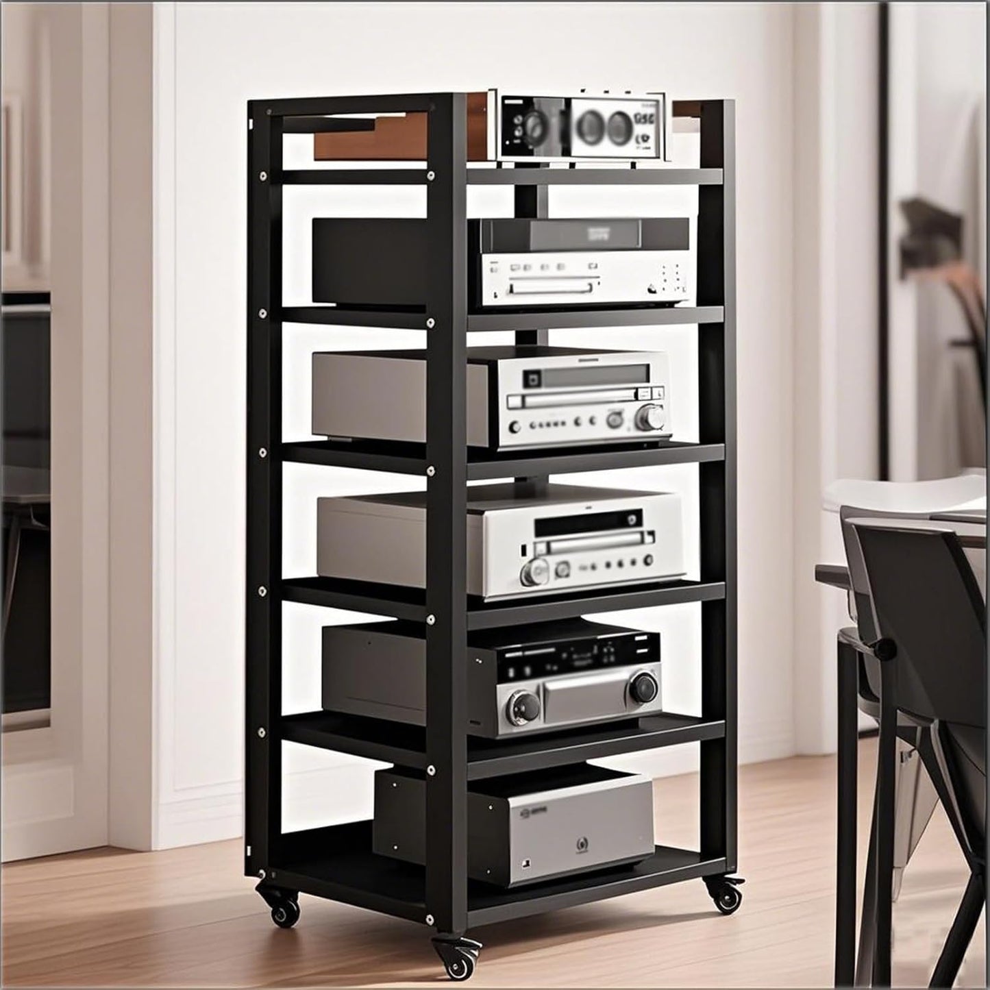 7 Tier Audio Rack Tower, CD Record Player Stereo Receiver AV Equipment Cabinet Display Rack, Weight capacity 661 lbs, with Adjustable Wooden Shelves for Home (TEAKWOOD, 7 TIER 55×19.7×15.7IN)