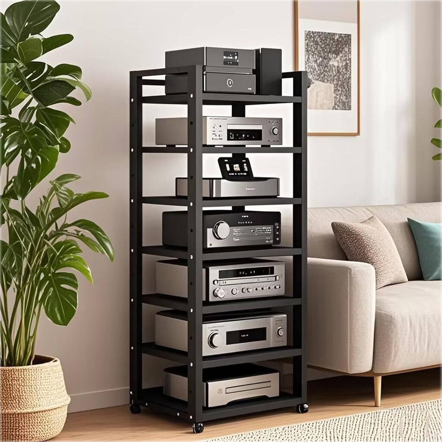 7 Tier Audio Rack Tower, CD Record Player Stereo Receiver AV Equipment Cabinet Display Rack, Weight capacity 661 lbs, with Adjustable Wooden Shelves for Home (TEAKWOOD, 7 TIER 55×19.7×15.7IN)