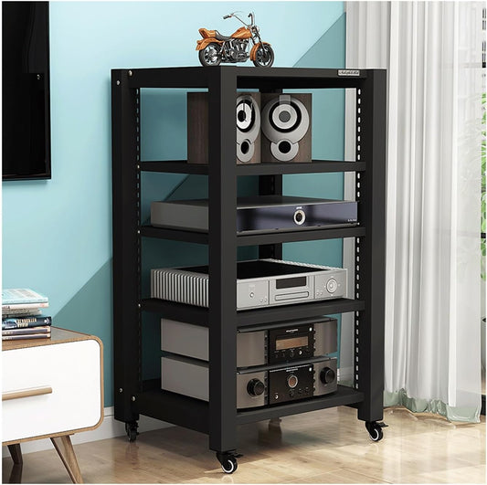 AV Media Stand with Wheels HiFi Stand Adjustable Media Storage Shelves Wooden Audio Rack Tower Stereo Cabinet for CD Player Video Game Console(Black,5 Tier)