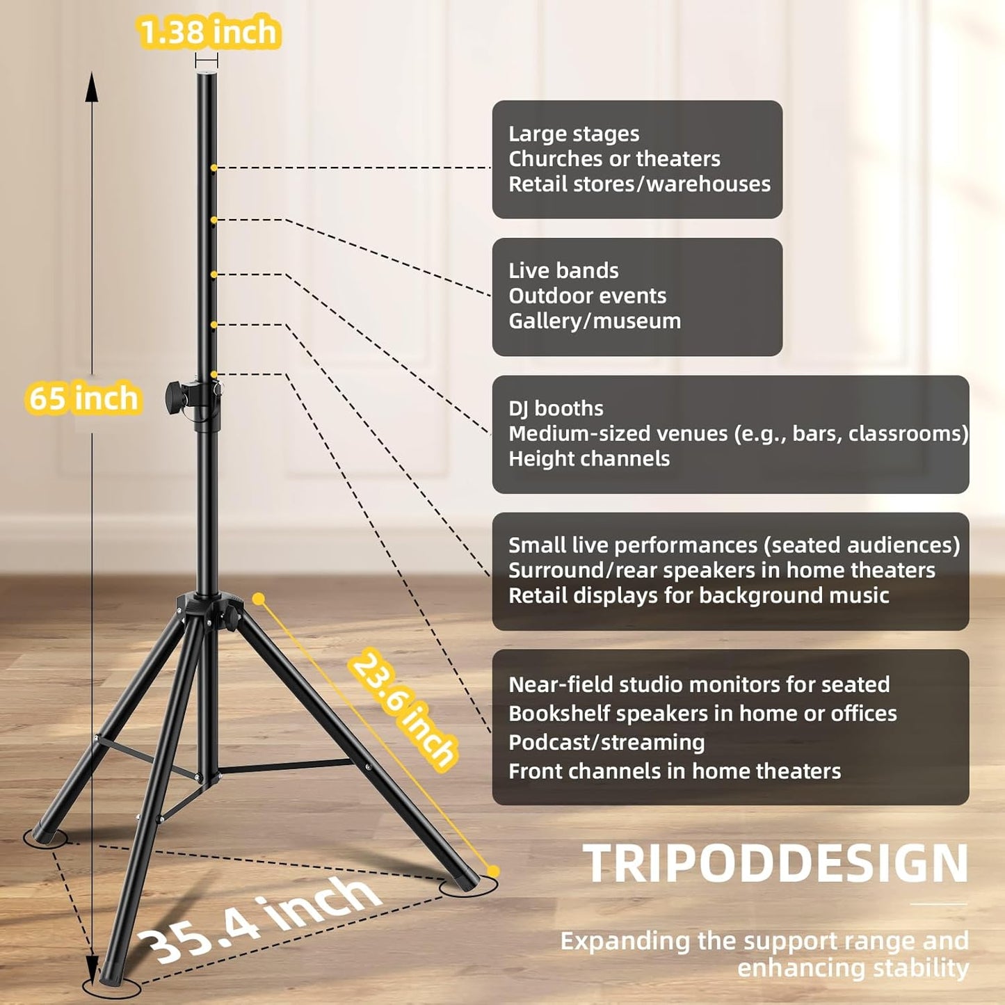 Speaker Stands Pair, Universal Speaker Tripod Stand Adjustable Height from 35 to 63 Inch Heavy Duty with 35 MM Compatible Insert for Stage